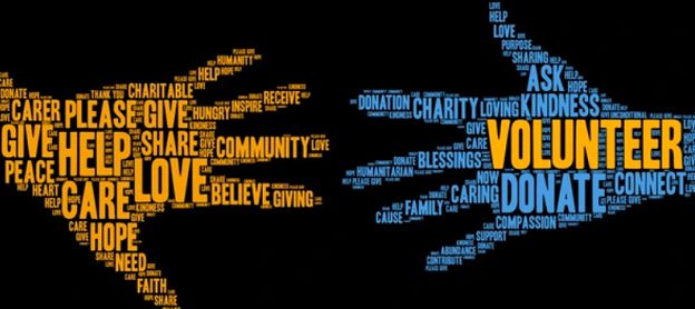 Two hands made of words symbolizing charity and community, reaching out to each other.